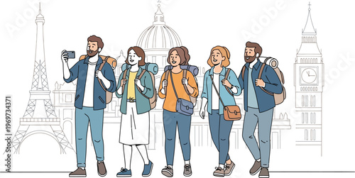 Group of happy tourists with backpacks standing in front of famous landmarks