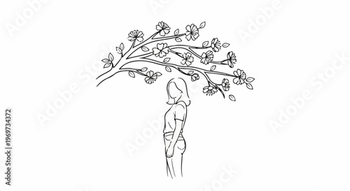 Sketch of a woman under a blooming tree branch