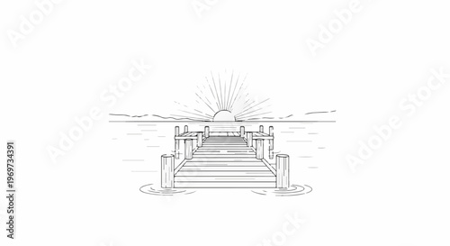 Sketch of a wooden pier extending into calm water with a sunburst sunrise