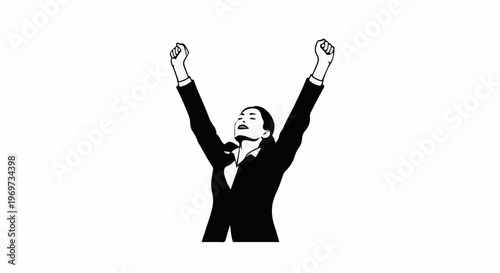 Excited woman in suit raising arms in triumph