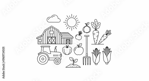 Farm icons including barn, tractor, crops, tools, sun and cloud