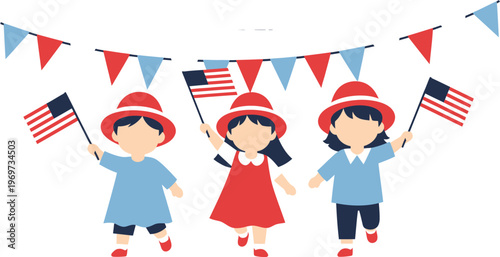Three cheerful children holding American flags and celebrating under colorful banners, embodying national pride and festive spirit for a special occasion