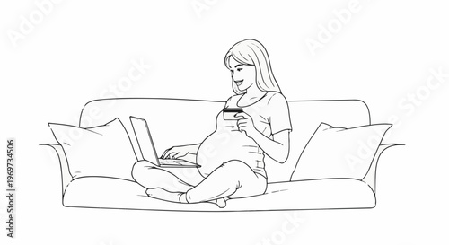 Pregnant woman on sofa using laptop with credit card