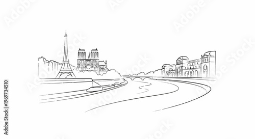 Sketchy outline of Parisian landmarks along a river with bridges