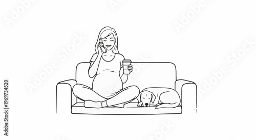 Pregnant woman on sofa with dog and coffee, talking on phone