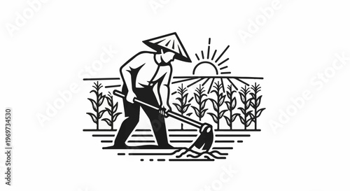 Farmer cultivating crops under the sunrise with traditional hat and hoe