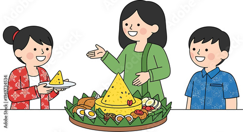 Happy family enjoying a traditional yellow rice cone dish served on a banana leaf platter with various side dishes