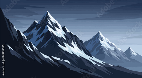 Minimalist Vector Illustration of Snowy Mountain Peaks at Twilight
