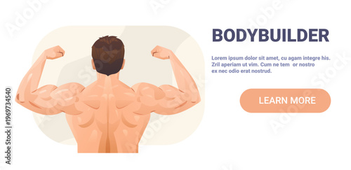 Bodybuilder flexing muscular back strength fitness male showing biceps on light abstract background website banner template