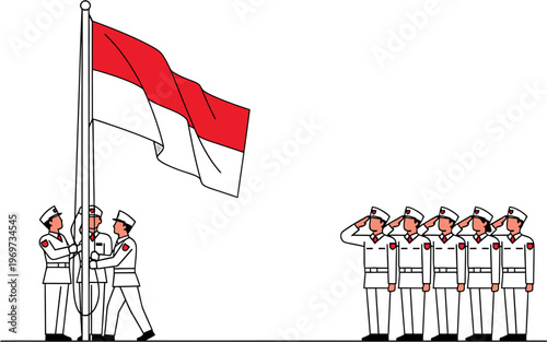 Indonesian flag raising ceremony illustration with soldiers saluting