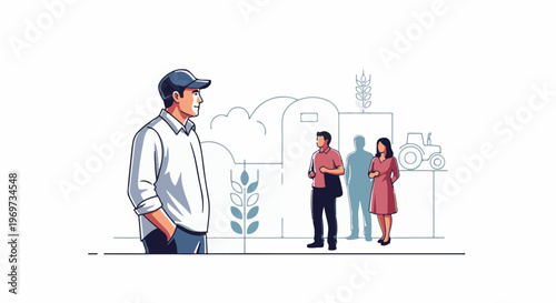 Farmers and visitors observe agricultural machinery and crops at a rural site