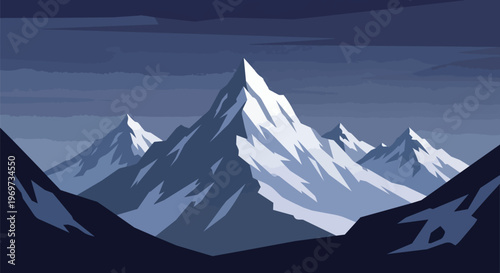 Minimalist Vector Illustration of Snowy Mountain Peaks at Night