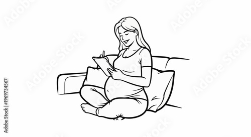 Pregnant woman on sofa with pillows, smiling and writing on tablet