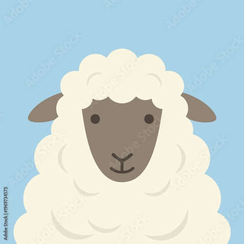 Cute cartoon sheep face front view with fluffy wool and small ears on light blue background.
