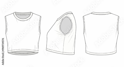 Fashion flat sketch of a sleeveless cropped t-shirt from front, side, and back