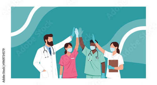 Healthcare Team Vector Illustration with Doctors and Nurses Giving High Five for Medical Support, Teamwork, Hospital Staff and Healthcare Concept Design