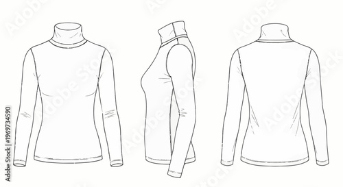 Fashion sketch three views of a long-sleeved turtleneck top