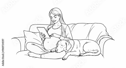 Pregnant woman relaxes on sofa with tablet and dog