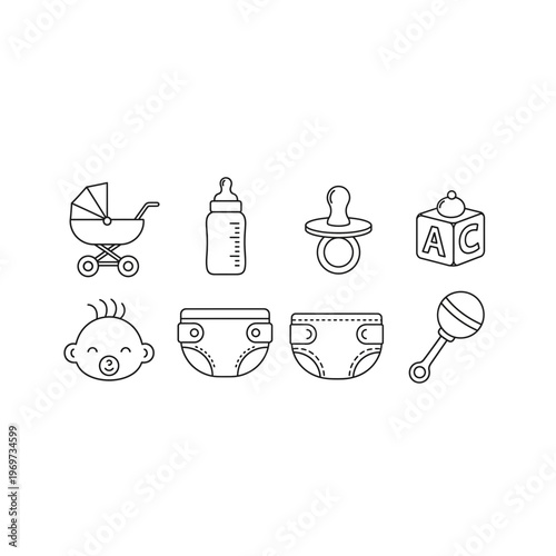 A set of baby items including a stroller and toys