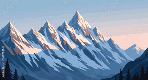 Vector Illustration of Majestic Snowy Mountain Peaks at Sunrise