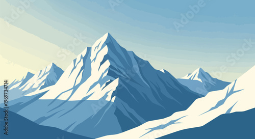 Minimalist Vector Illustration of Snowy Mountain Peaks in Blue Tones