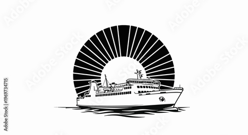 Ferryboat sailing across water with stylized sunburst behind it