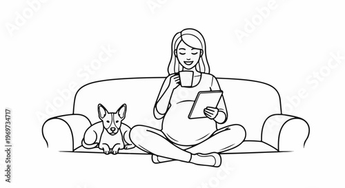 Pregnant woman relaxing on sofa with dog and tablet, holding a mug