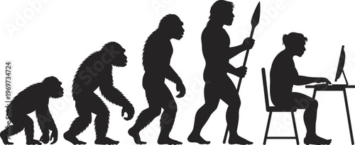 Human evolution silhouettes from primates to modern technology users, progression of mankind development ending with contemporary person at computer desk, humorous illustration of posture change
