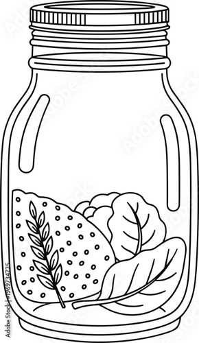 Vintage mason jar filled with pickled vegetables and herbs