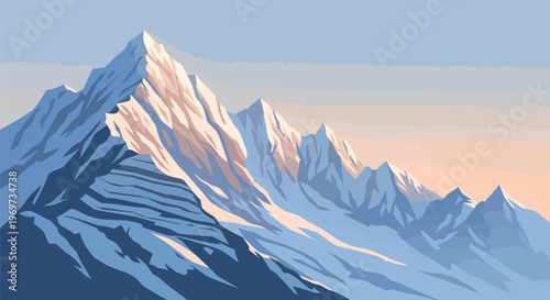 Minimalist Vector Illustration of Snowy Mountain Peaks at Sunset