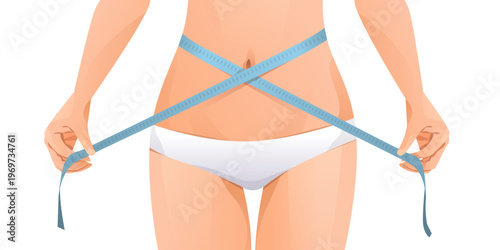 Woman measuring waist fitness body slimming concept female torso in underwear holding tape measure flat style isolated on white background