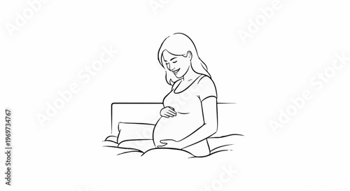 Pregnant woman resting on a bed, cradling her belly with a smile