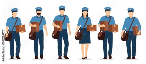 Set of postal worker carrying a brown package and a mailbag, minimalist flat art, no stroke, white background.