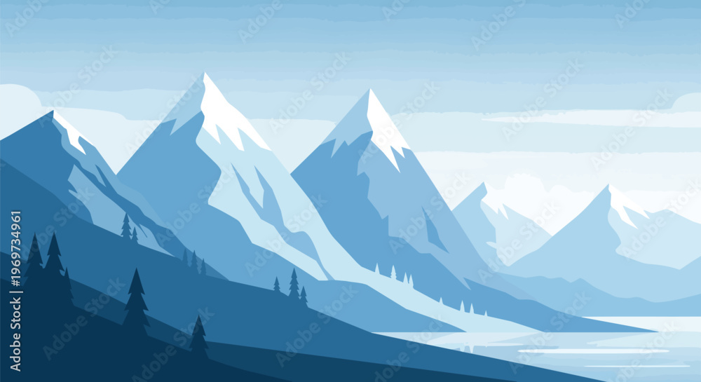 Fototapeta premium Minimalist Blue Mountain Landscape Vector Illustration