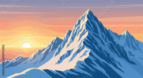 Majestic Snow Covered Mountain Peaks at Sunrise Vector Illustration