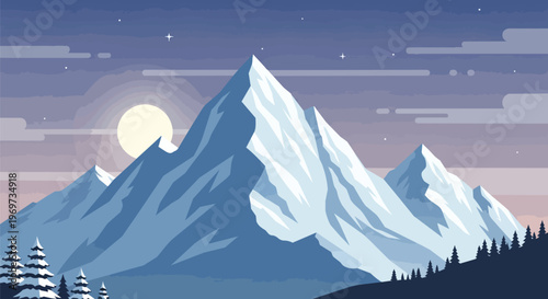 Minimalist vector illustration of snowy mountain range at night with full moon and pine trees