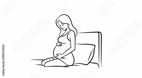 Pregnant woman with hands on belly sits on bed near pillow