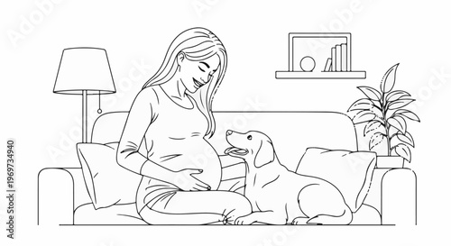 Pregnant woman with her dog on a sofa near a lamp and plant