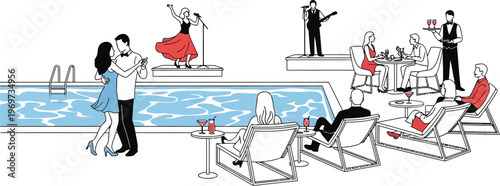 People enjoying a luxurious poolside party with live music and dining
