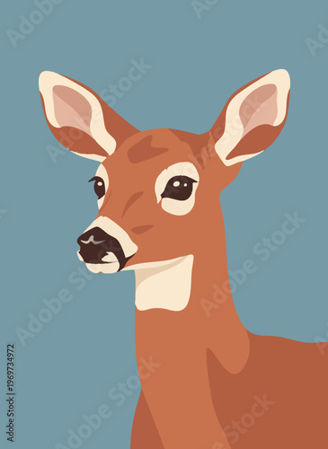 Deer head with large ears and gentle eyes, blue-gray background, realistic vector style.