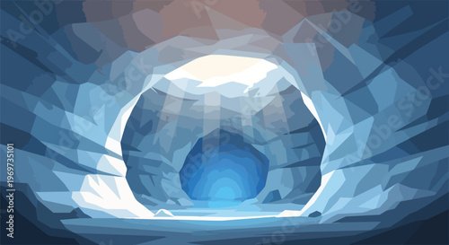 Low Poly Ice Cave Interior with Glowing Blue Light
