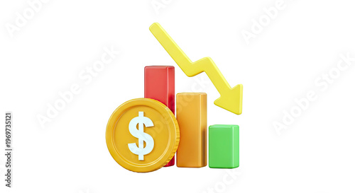 3D 3D Bar Chart with Downward Arrow and Dollar Coin