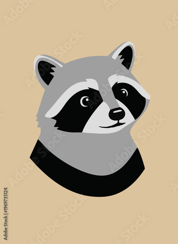 Raccoon head with black mask and ringed tail, neutral beige background, vector illustration.