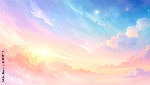 Vibrant sunny sky with fluffy clouds and pastel colors