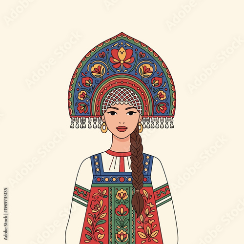 Young woman in traditional Russian folk costume and kokoshnik headdress