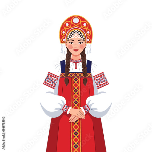 Young woman in traditional Russian costume with kokoshnik and braids