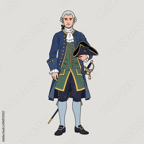 18th Century Man in Blue Coat and Breeches, Holding Tricorne Hat