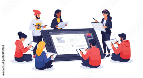 A graphic designer using a stylus and a drawing tablet, vibrant creative colors, flat illustration, no stroke, isolated on white.A graphic designer using a stylus and a drawing tablet