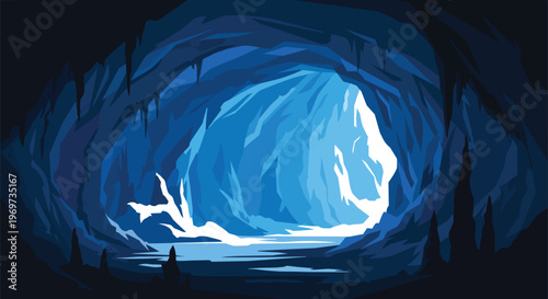 Abstract Blue Cave Interior with Glowing Light Entrance Vector Illustration