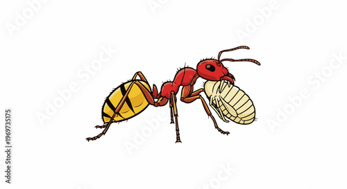 Red ant carrying a light-colored grub with yellow striped abdomen